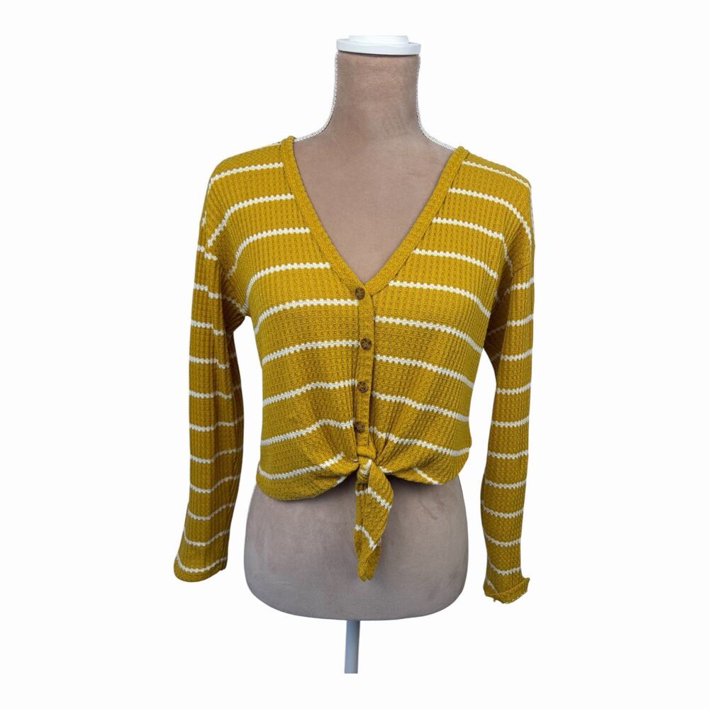 Caution to the Wind Mustard Striped Waffle Knit Tie Front Top Sz S Estimated